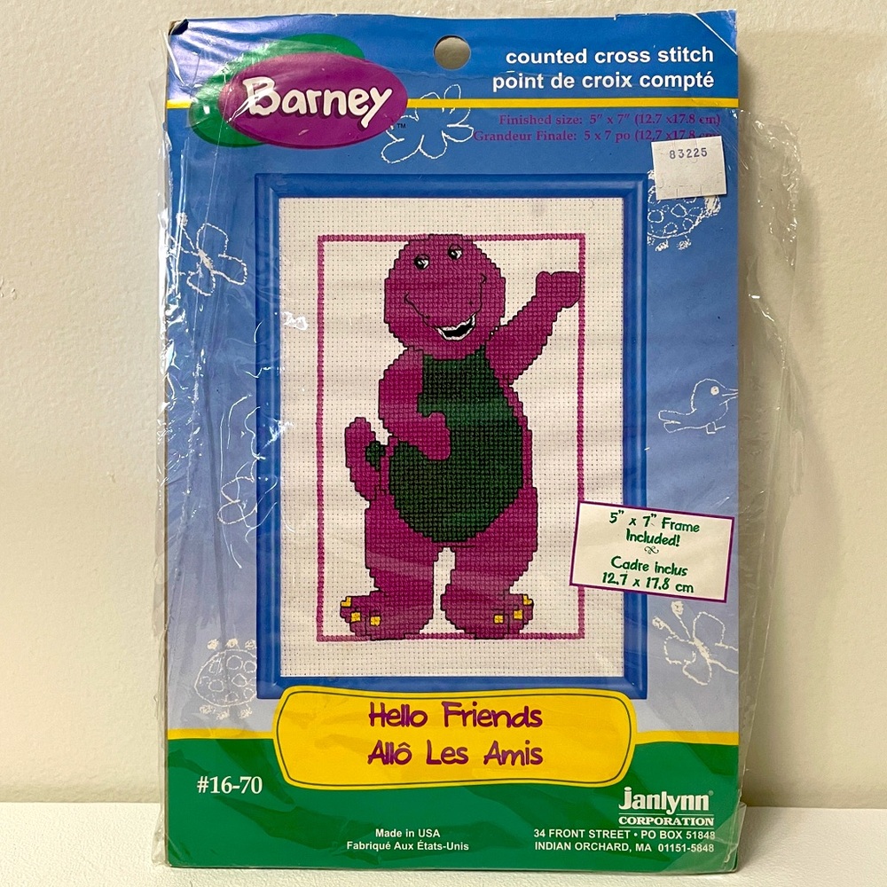 Barney, Hello Friends, Counted Cross Stitch Kit with Frame Janlynn 5x7"